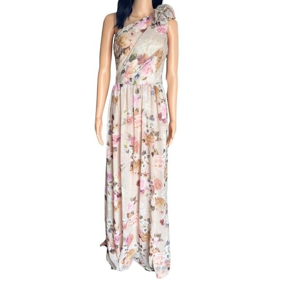 NWT Adrianna Papell Champagne Multi Nude Floral One Shoulder Gown Bridesmaid - Picture 5 of 10